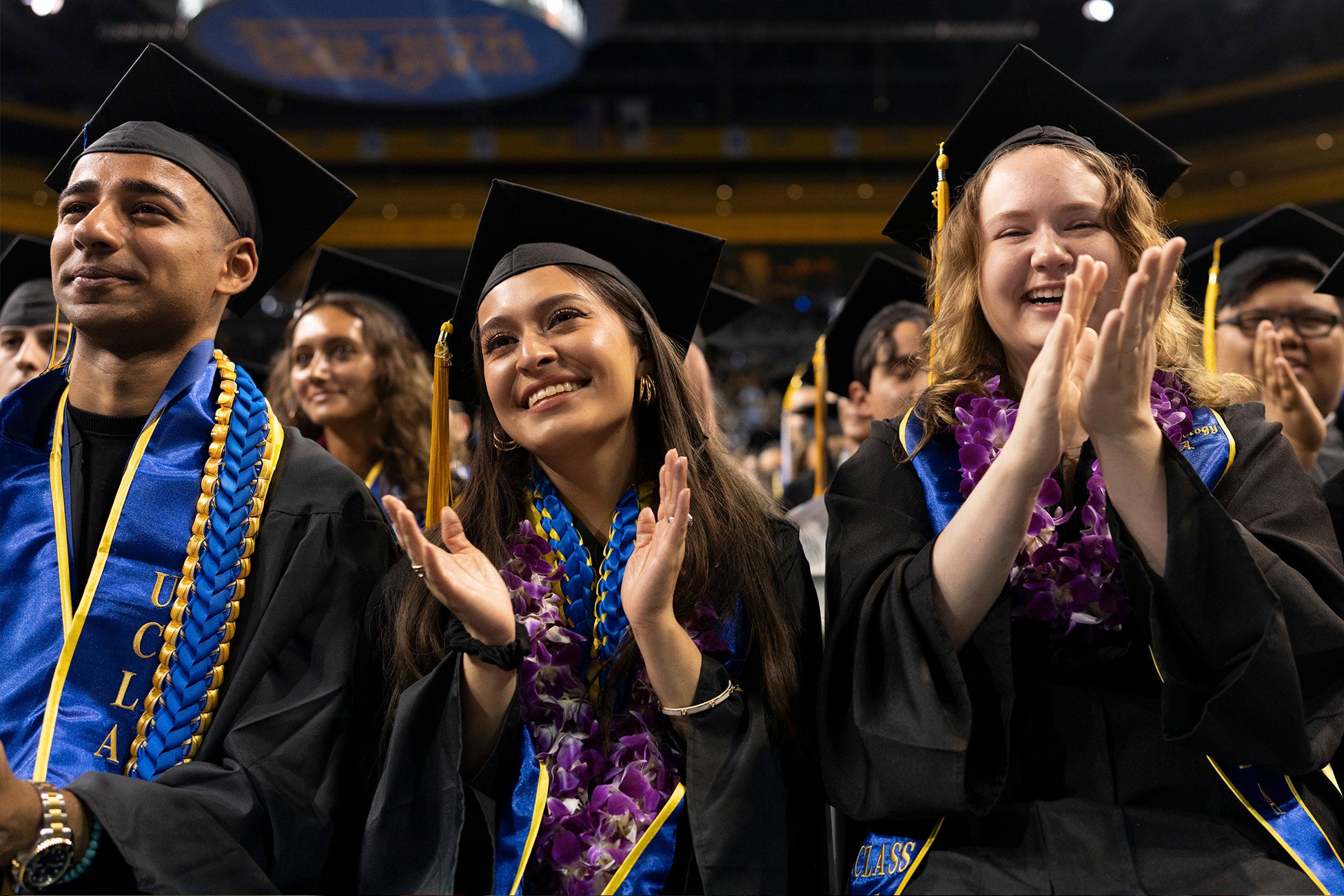 UCLA graduates in caps and gowns clapping and smiling during a commencement ceremony, wearing blue and gold stoles and blue lei garlands.